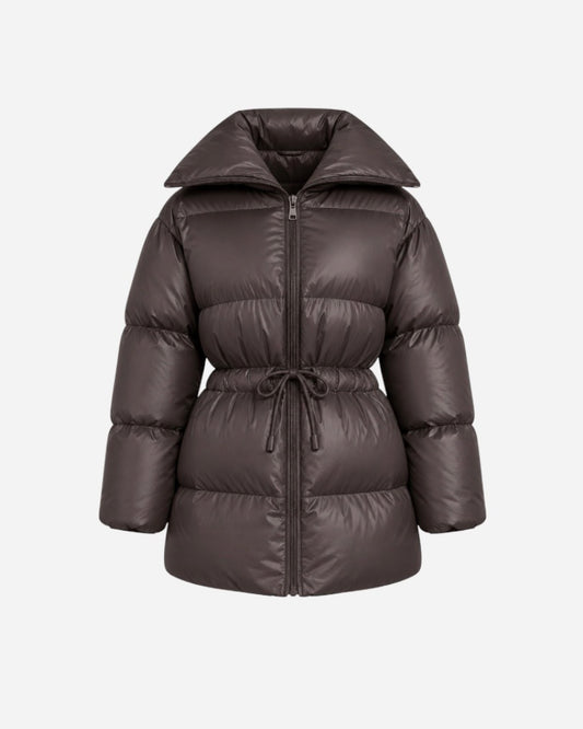 Puffer jakke med snører i taljen og bred krave