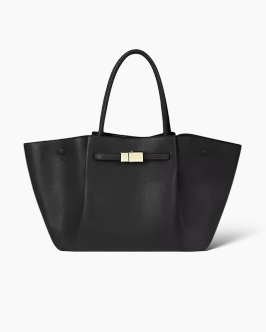 Diana Taske - Stor: Elegant sort tote bag med gylden laas, brede sidestykker og dobbelte haandtag. Rummelig designer-inspireret taske i minimalistisk stil med struktureret form og raffineret detalje paa forsiden.