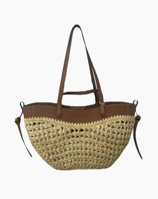 Flettet stråtaske med læderdetaljer