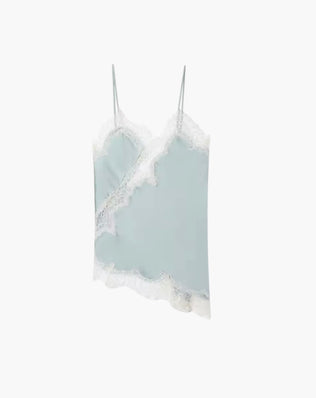 Asymmetrisk satin top med blonder