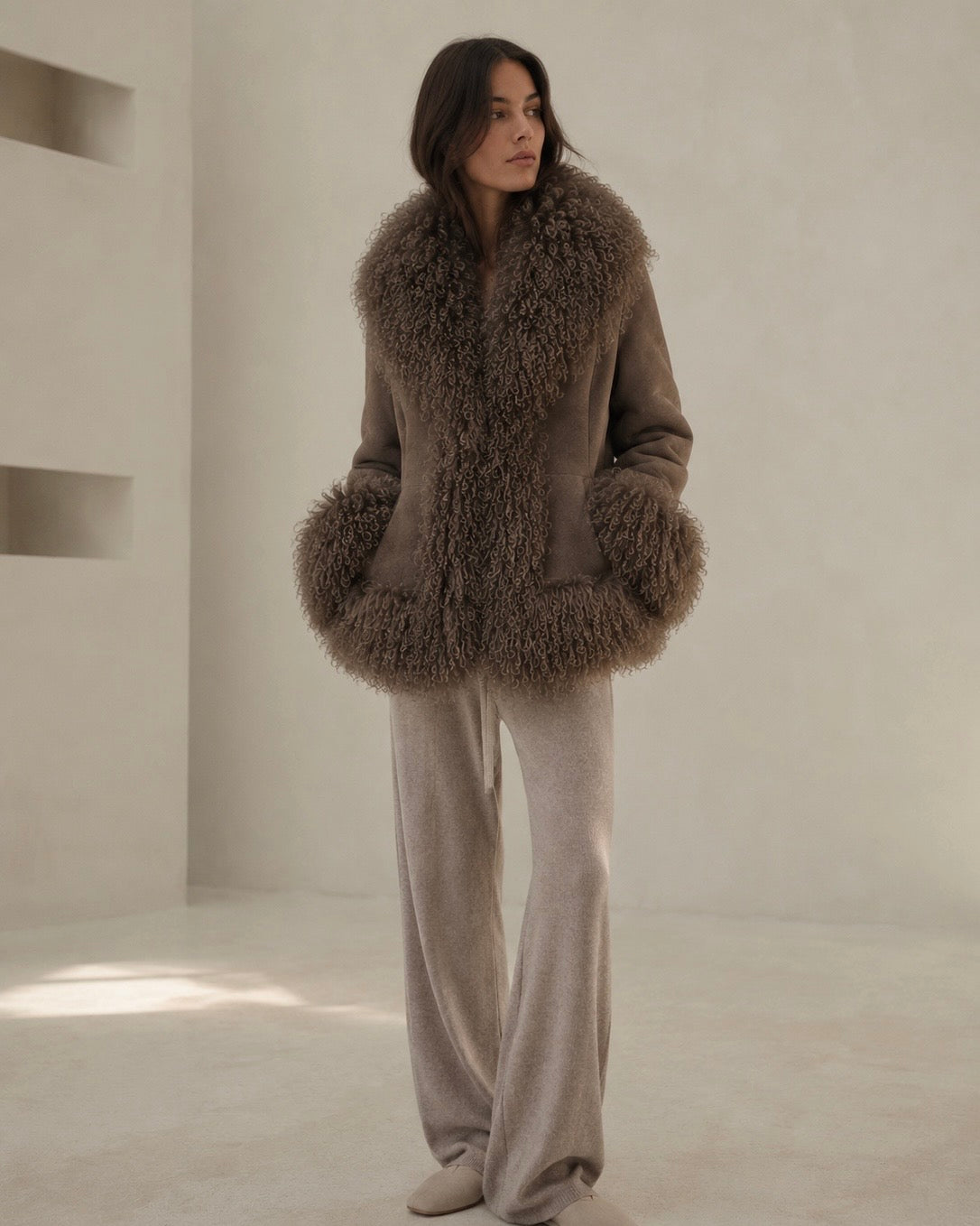 Kort shearling pelsjakke