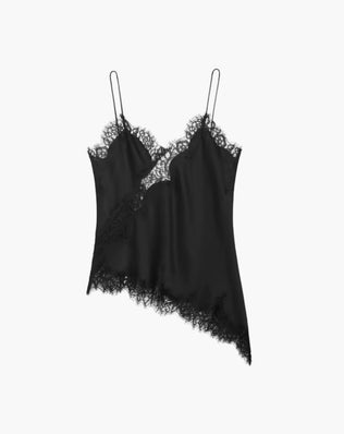 Asymmetrisk satin top med blonder