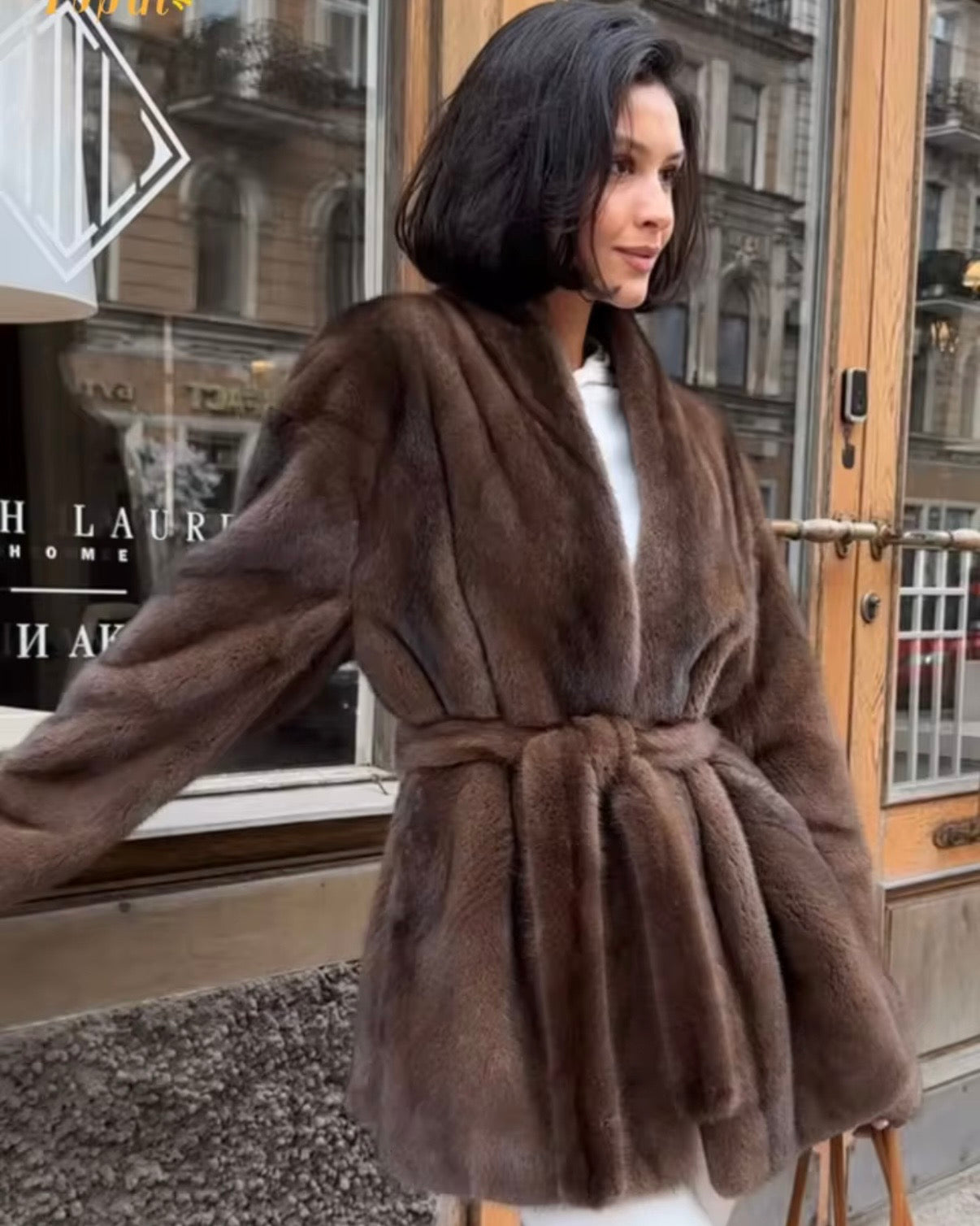 Faux fur mink jakke med bælte