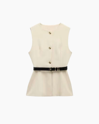 Top med bælte og knapper - Råhvid / S - Toppe - Khaia